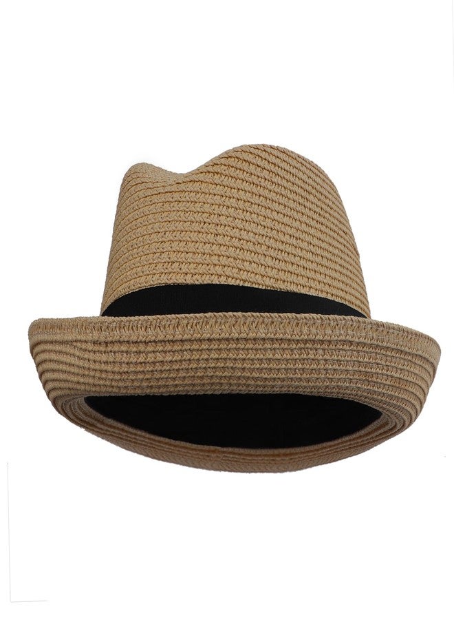 Holiberty Kids Straw Fedora Panama Hat Toddler Short Brim Summer Sun Beach Cap Western Trilby Derby Jazz Hat for Boys Girls 2-8 Yrs Light Coffee - Image 2